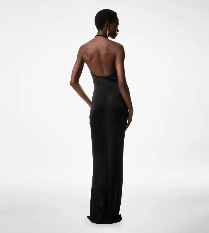 V-NECK EVENING DRESS WITH DRAPED WATERFALL DETAIL BLACK online